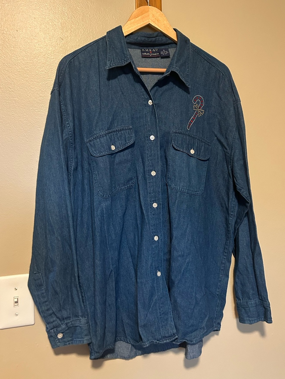 Vintage Denim Button-Down Shirt with Candy Cane Embellishment